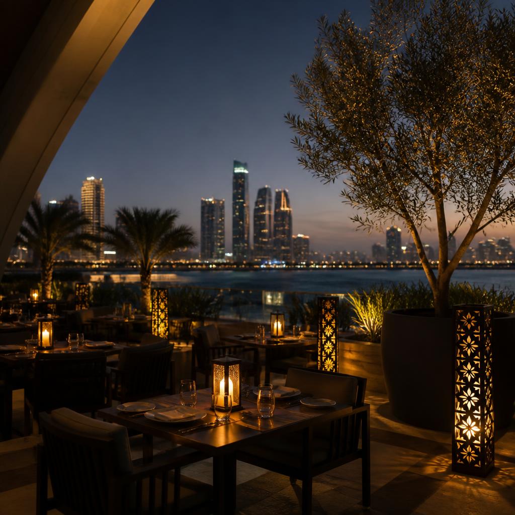 Falwa waterfront terrace at dusk