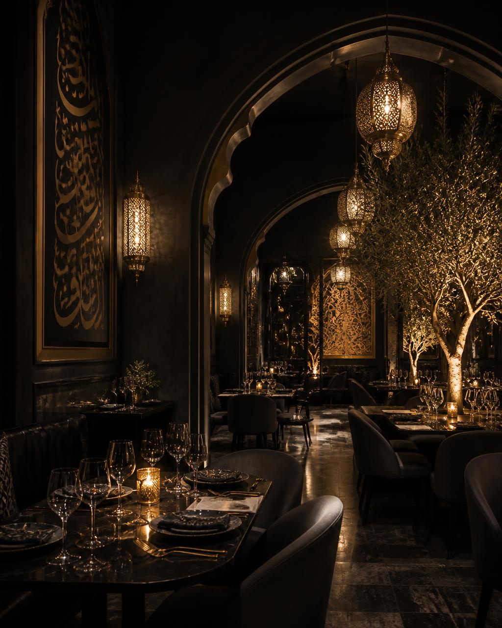 Falwa dining room with lantern light