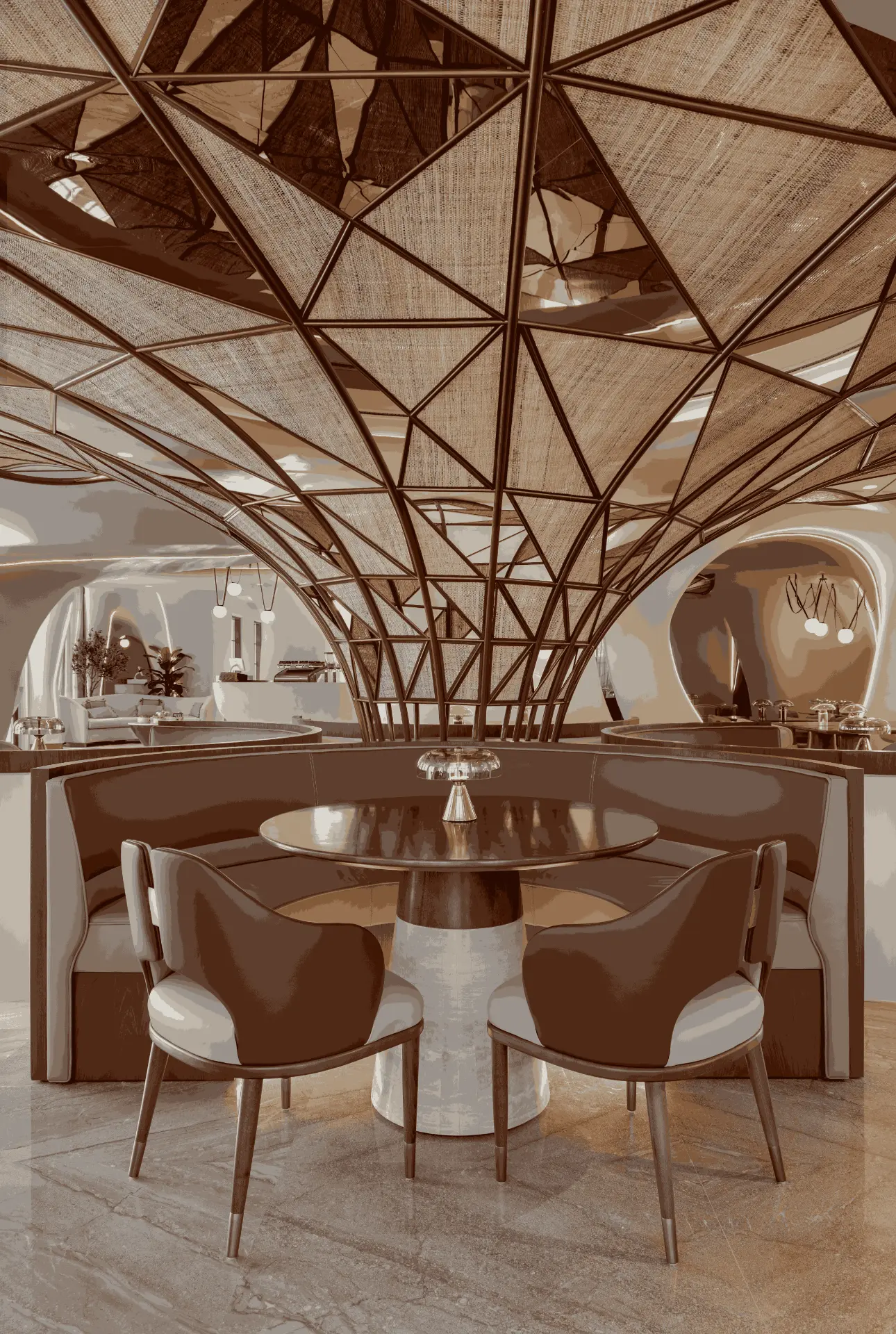 Falwa curved booth under the sculptural woven canopy