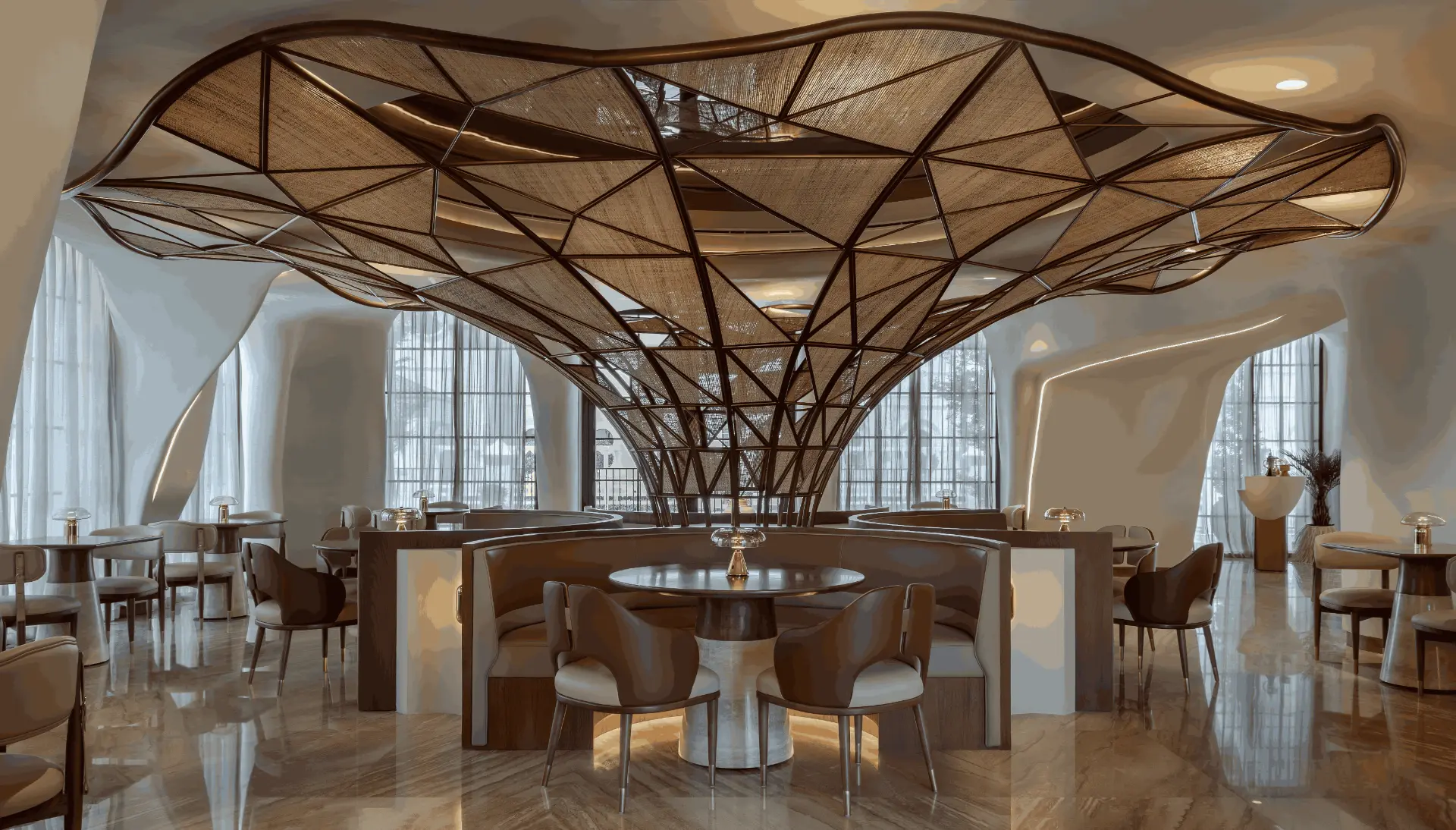 Falwa dining room beneath the sculptural woven canopy